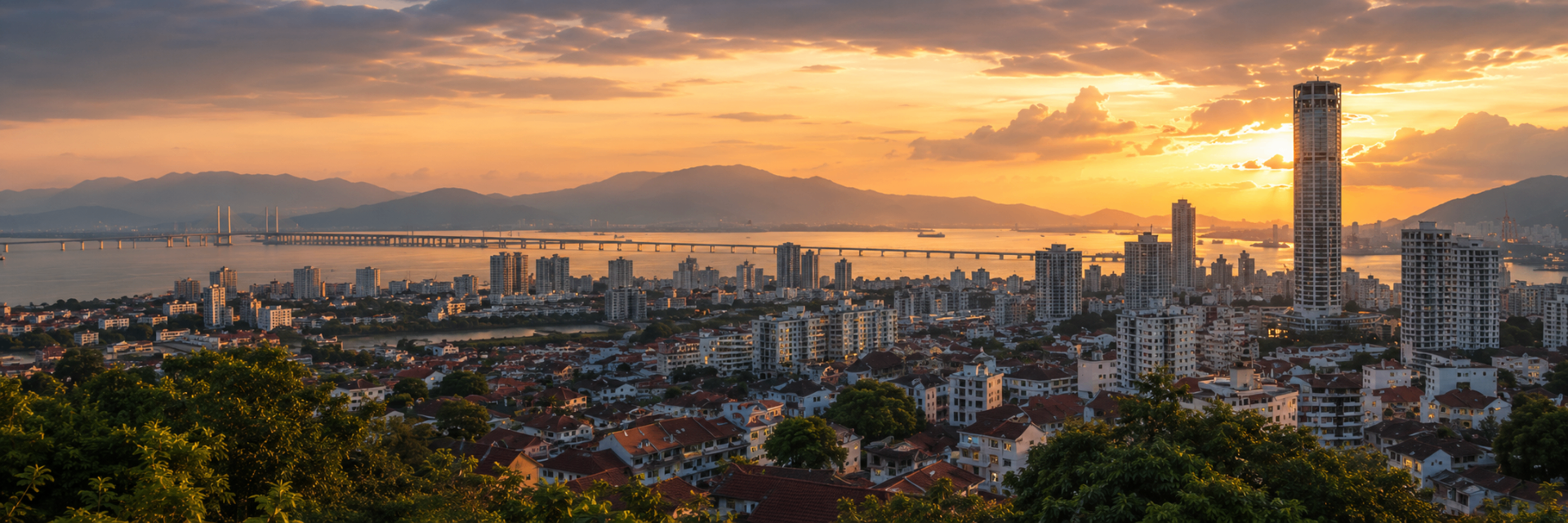 Penang skyline at sunset over George Town and the waterfront